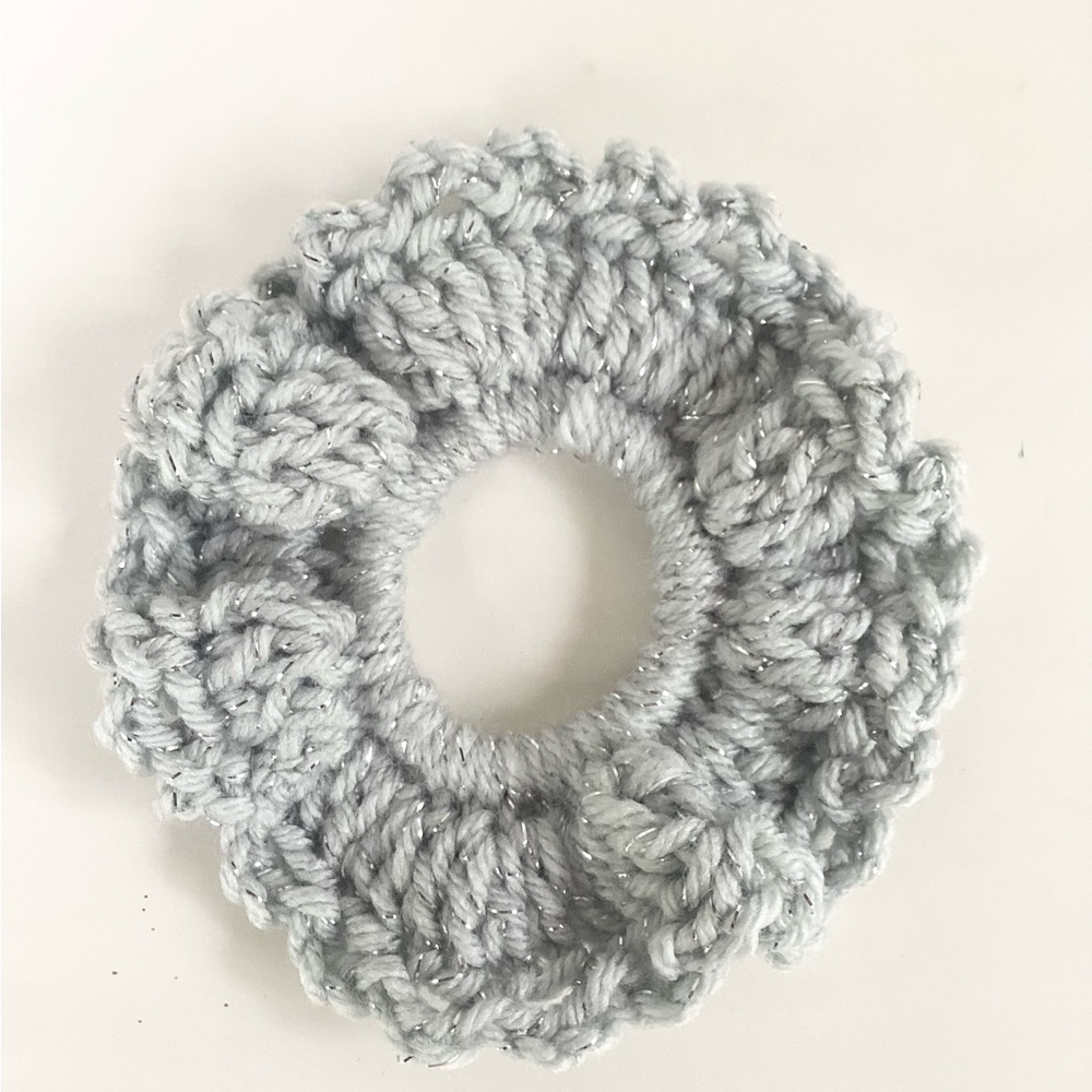 Hair Scrunchies Hand Crafted Gray Silver White Boho Crochet Messy Bun - Picture 4 of 10